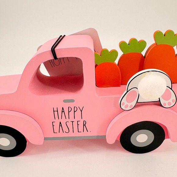 NWT Rae Dunn Pink Wood Truck Happy Easter Bunny Carrots Tabletop Decor - Picture 5 of 6